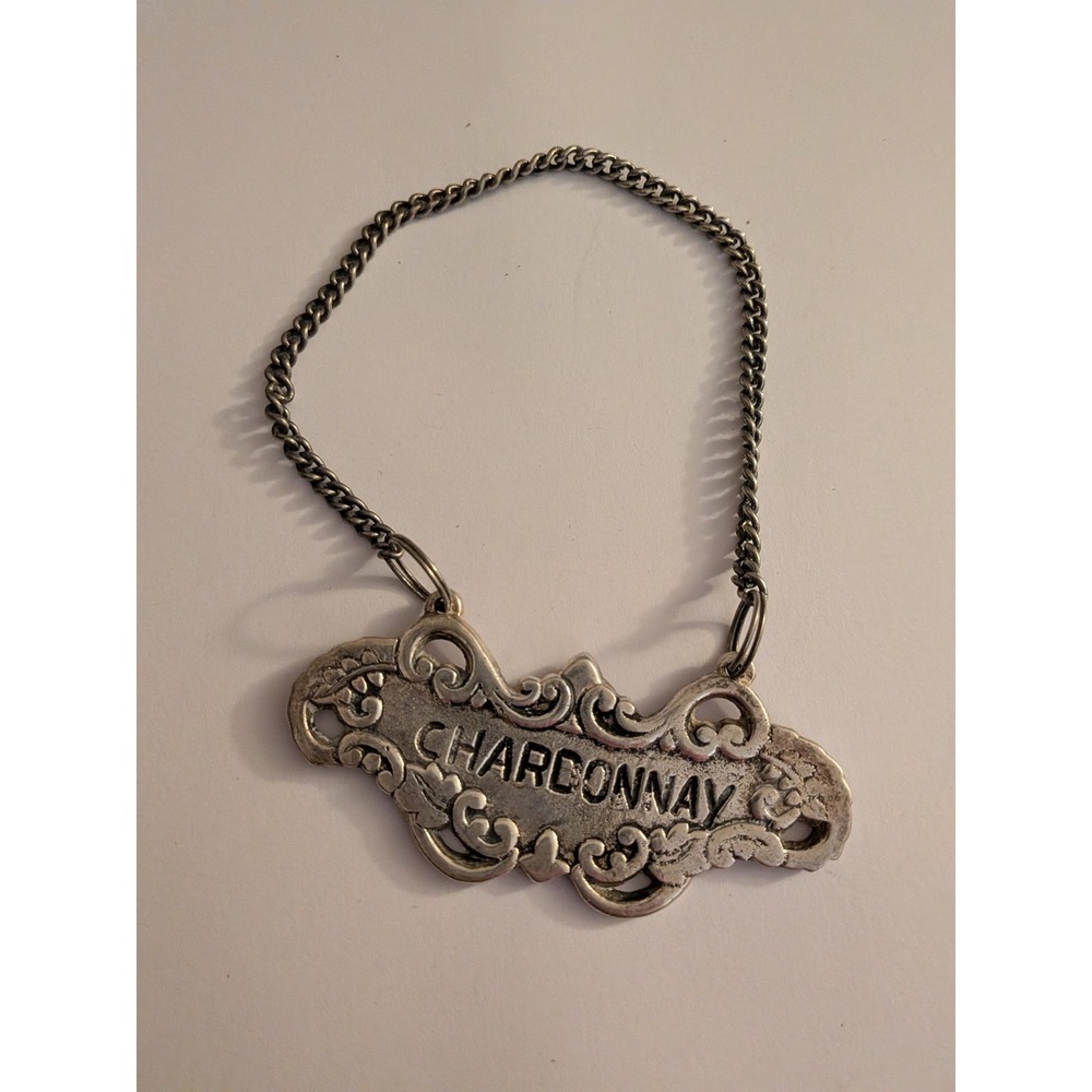 Vintage Silver Tone Chardonnay Wine Decanter Label Ornate Scrollwork Bottle Tag